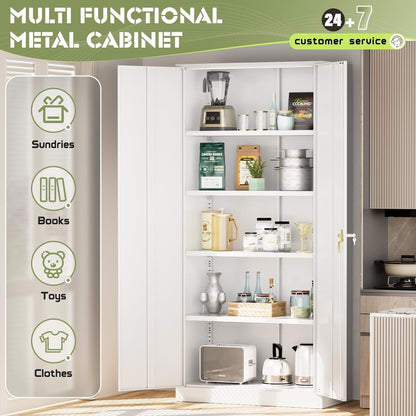 Metal Storage Cabinet, 72" Lockable Garage Cabinet with 4 Shelves (White)
