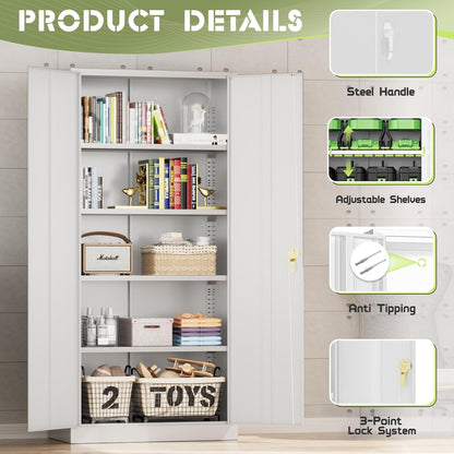 Metal Storage Cabinet, 72" Lockable Garage Cabinet with 4 Shelves (White)