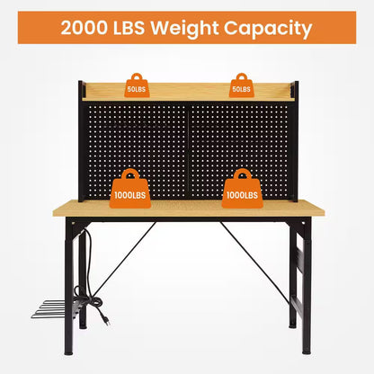 48 In. Adjustable Workbench with Pegboard, Heavy Duty Wooden Desktop Workbench with Wheels, 1600 Lb. Load Capacity