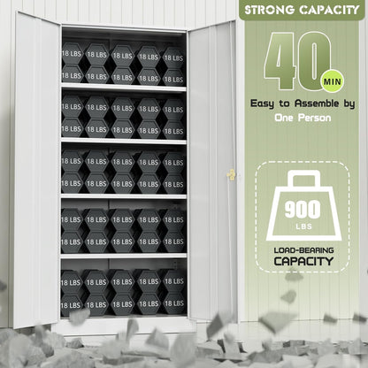Metal Storage Cabinet, 72" Lockable Garage Cabinet with 4 Shelves (White)