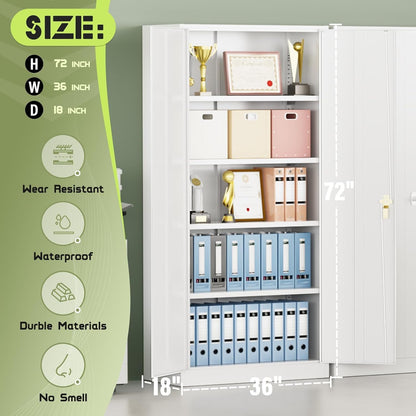 Metal Storage Cabinet, 72" Lockable Garage Cabinet with 4 Shelves (White)