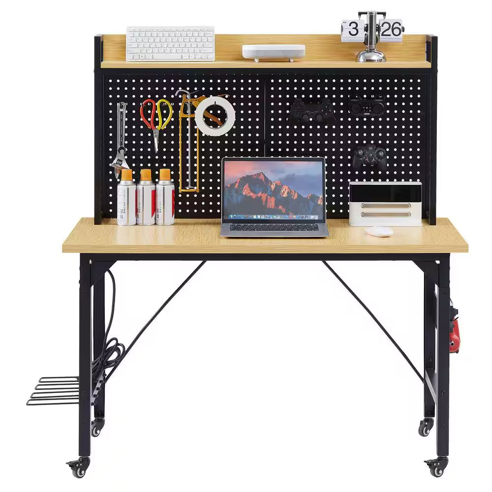 48 In. Adjustable Workbench with Pegboard, Heavy Duty Wooden Desktop Workbench with Wheels, 1600 Lb. Load Capacity