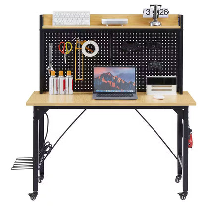 48 In. Adjustable Workbench with Pegboard, Heavy Duty Wooden Desktop Workbench with Wheels, 1600 Lb. Load Capacity
