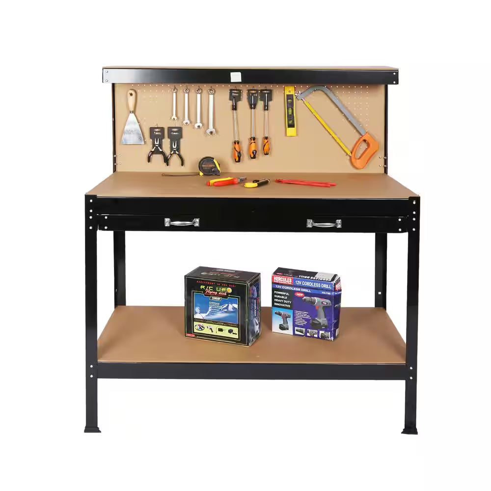45 .3 In. Outdoor Garden Black Wooden 2-Tier Workbench Trellis with 2-Drawers
