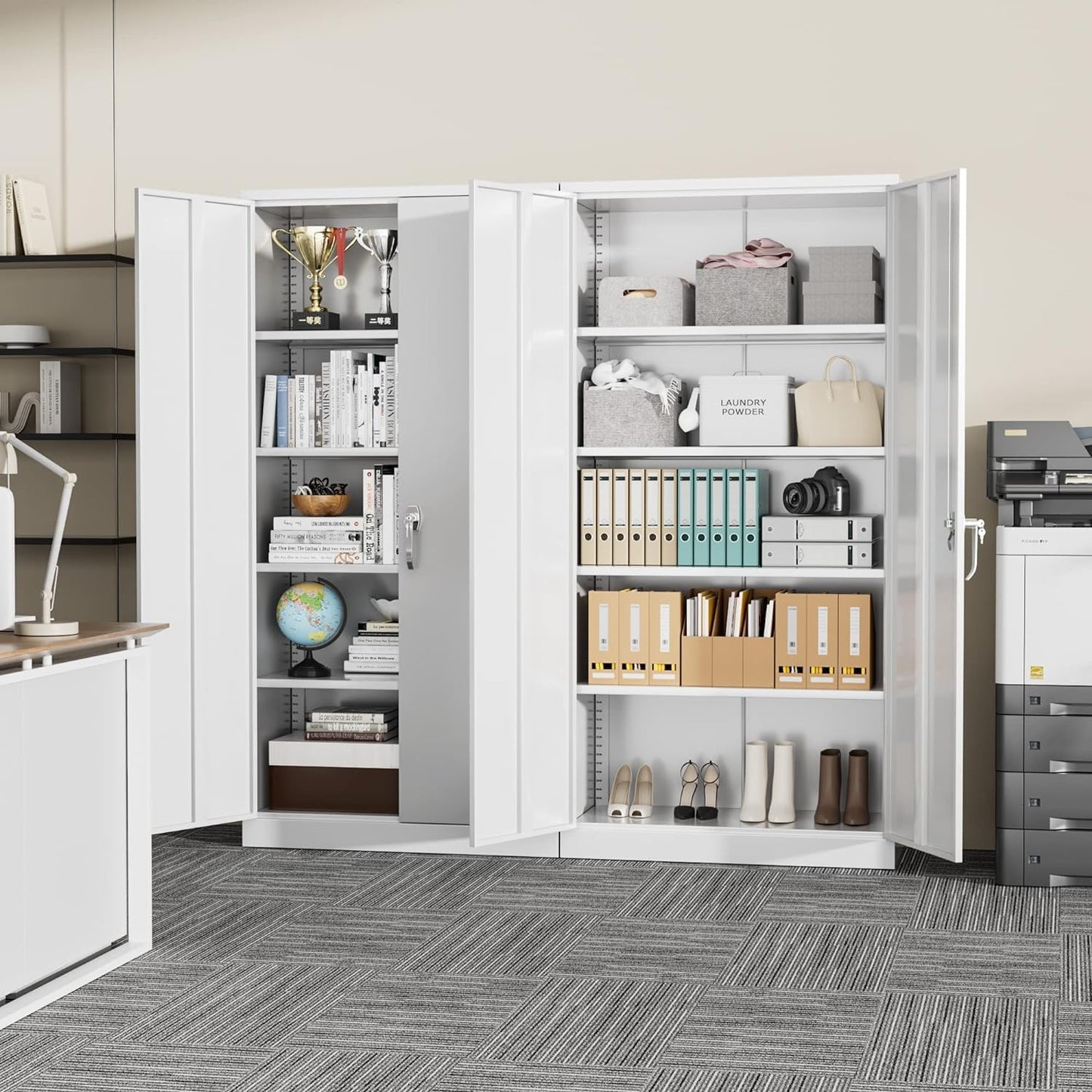 Metal Storage Cabinet, 72" Lockable Garage Cabinet with 4 Shelves (White)