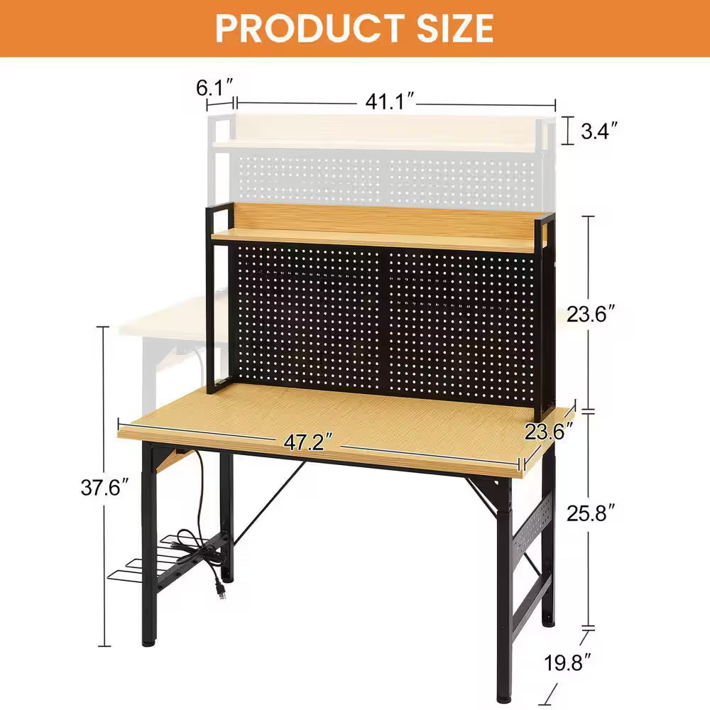 48 In. Adjustable Workbench with Pegboard, Heavy Duty Wooden Desktop Workbench with Wheels, 1600 Lb. Load Capacity