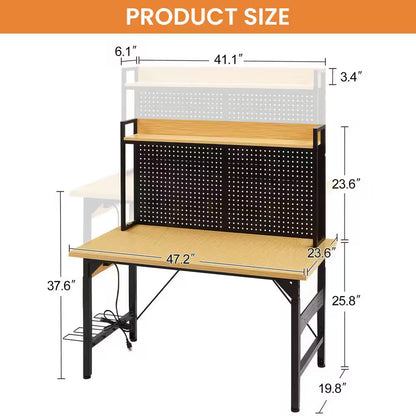 48 In. Adjustable Workbench with Pegboard, Heavy Duty Wooden Desktop Workbench with Wheels, 1600 Lb. Load Capacity