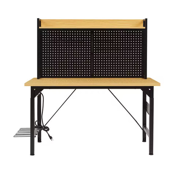 48 In. Adjustable Workbench with Pegboard, Heavy Duty Wooden Desktop Workbench with Wheels, 1600 Lb. Load Capacity