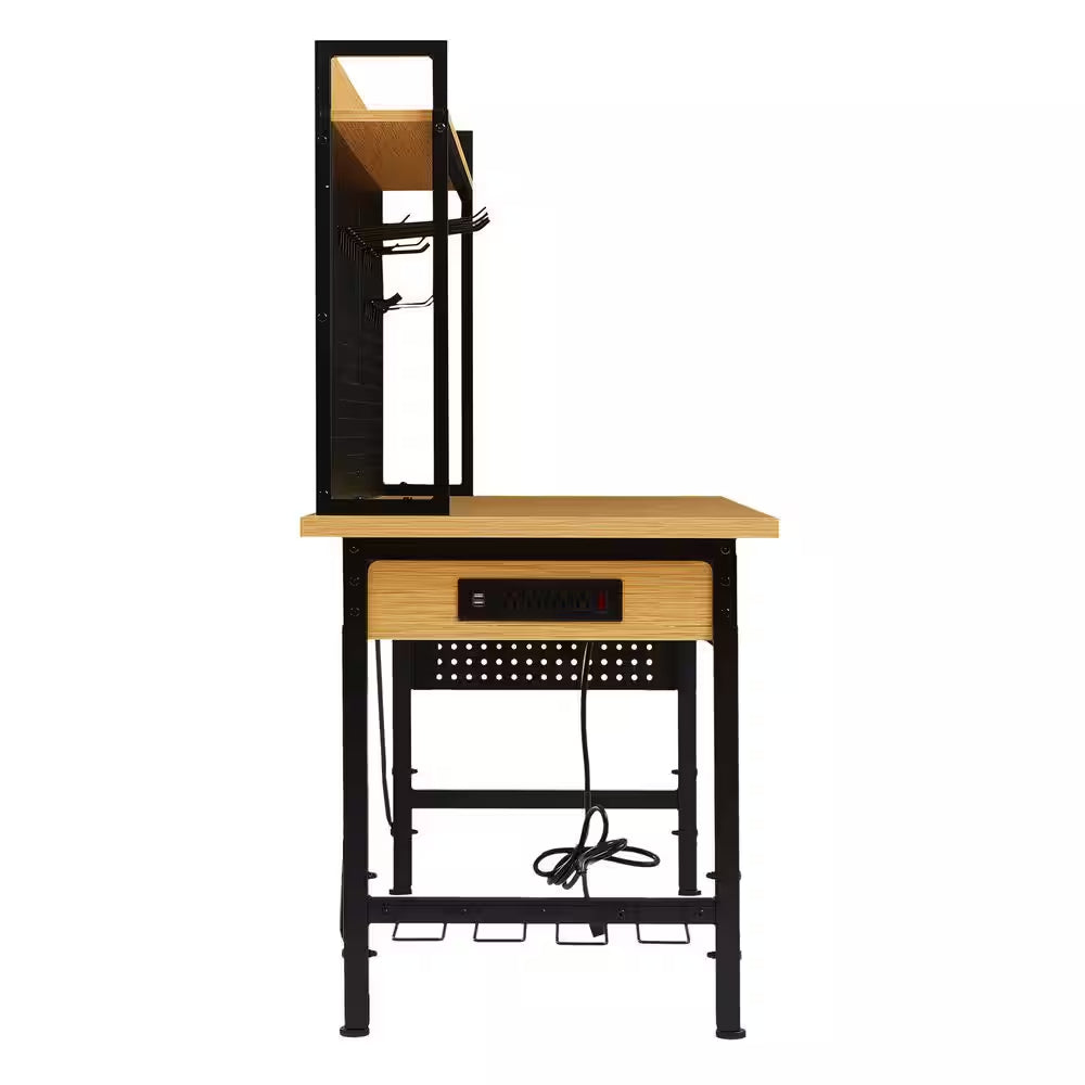 48 In. Adjustable Workbench with Pegboard, Heavy Duty Wooden Desktop Workbench with Wheels, 1600 Lb. Load Capacity