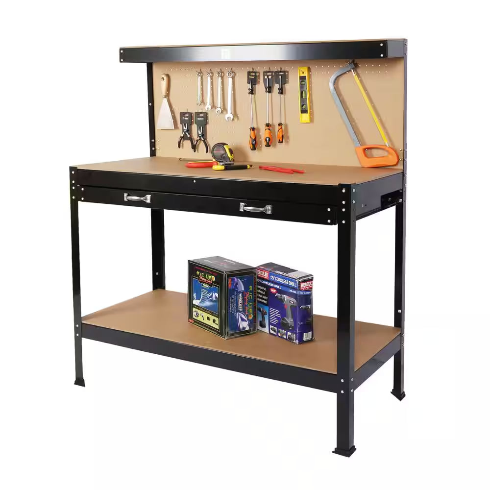 45 .3 In. Outdoor Garden Black Wooden 2-Tier Workbench Trellis with 2-Drawers