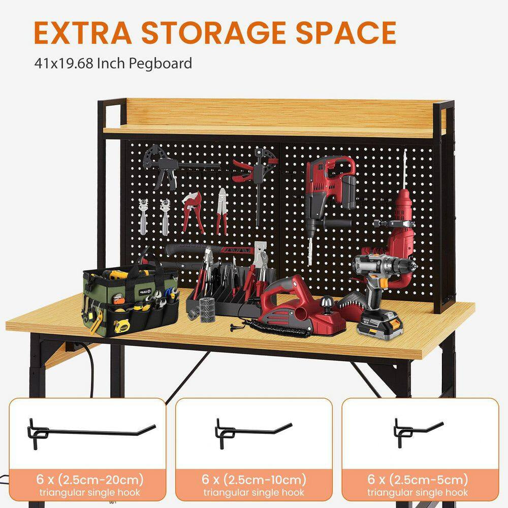 48 In. Adjustable Workbench with Pegboard, Heavy Duty Wooden Desktop Workbench with Wheels, 1600 Lb. Load Capacity